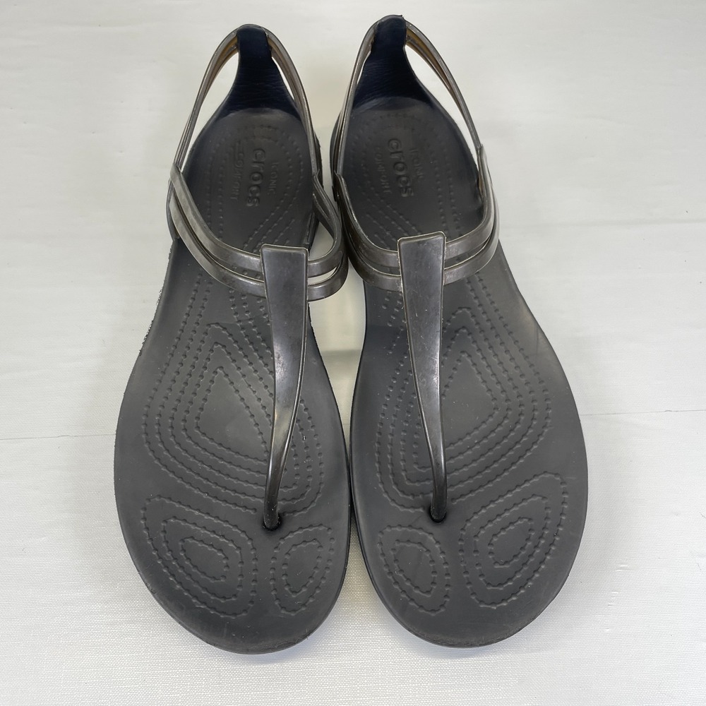 Crocs Isabella T-Strap Jelly Sandals Womens Size 7 Black Thong Slip On Shoes - Picture 4 of 9